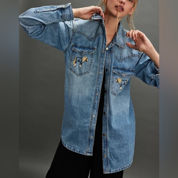 NWT Free People Understated Leather Horsey Denim Shirt. Size Medium - Picture 3 of 11